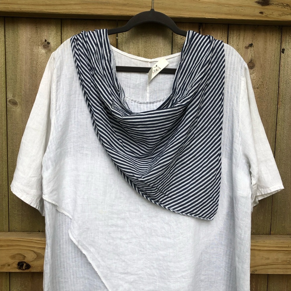AMO 100% Linen Lagenlook Midi Dress White Navy Stripes Layered Italy with Scarf - Picture 3 of 14
